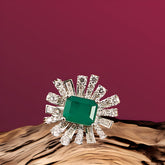 White Gold Finish Eurostar Zircon & Glass filled Emerald Ring in 925 Sterling Silver